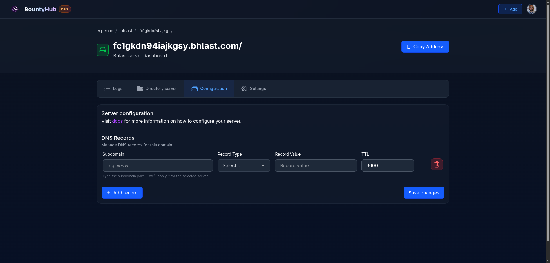 Bhlast DNS configuration